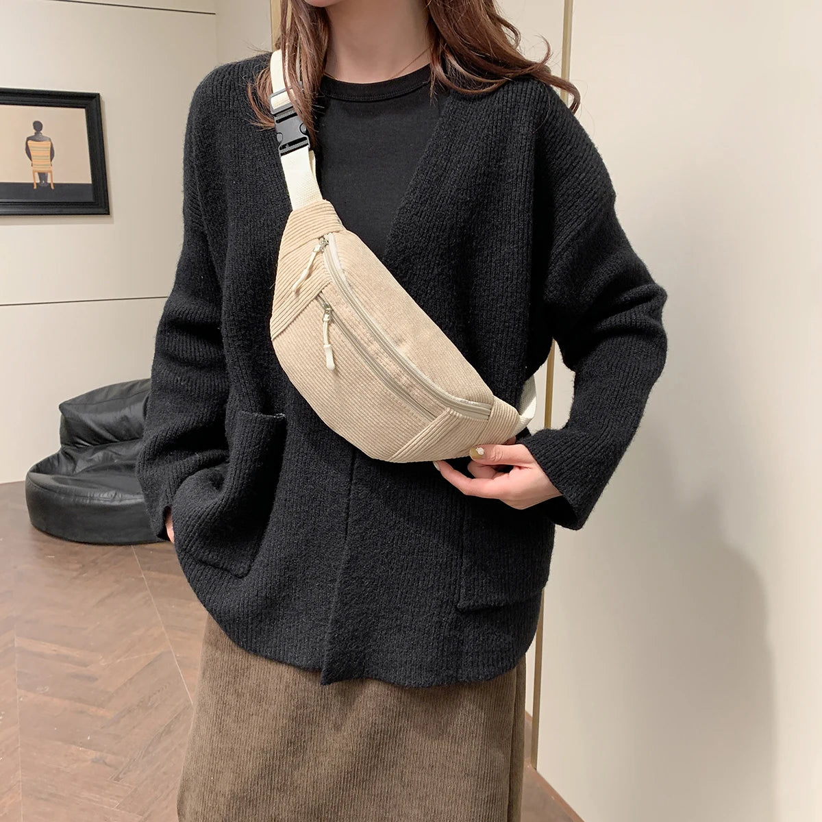 Women's Corduroy Waist Bag – Crossbody Chest Bag & Fanny Pack