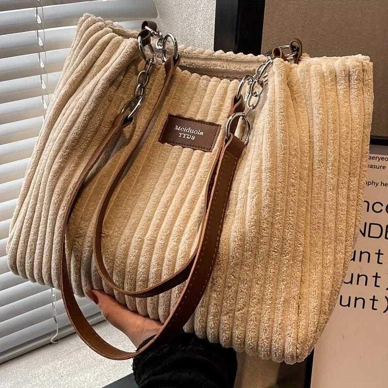 Women's Corduroy Plush Tote Bag - Large Capacity Commuter Travel Shoulder Bag
