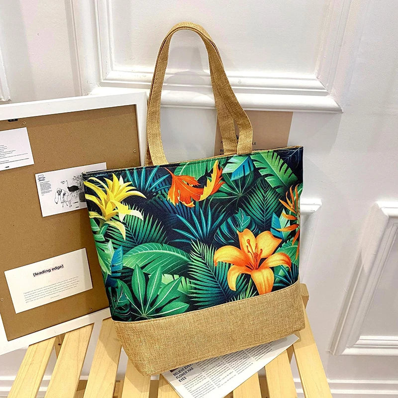 Women's Floral Printed Beach Shopping Large Capacity Tote Bag