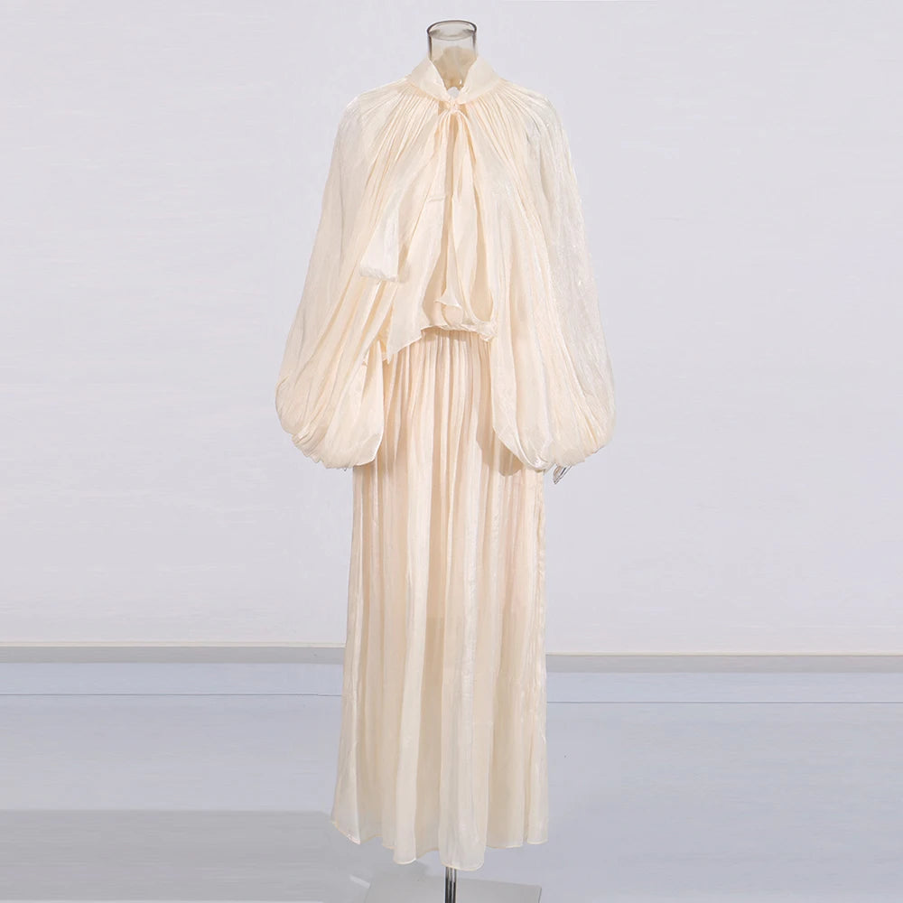 Women's Stand Collar Lace-Up Long Sleeve Dress