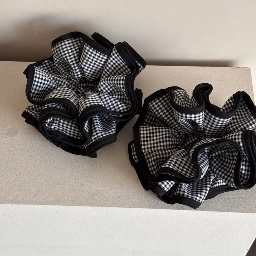 Large Black & White Checked Plaid Scrunchie - Ponytail Holder Hair Hoop - lily supply