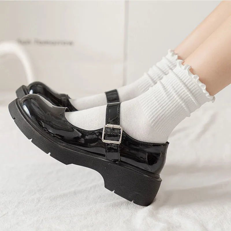 Women's Ruffle Mid Tube Ankle Socks - Breathable Cotton Black White Beige - lily supply