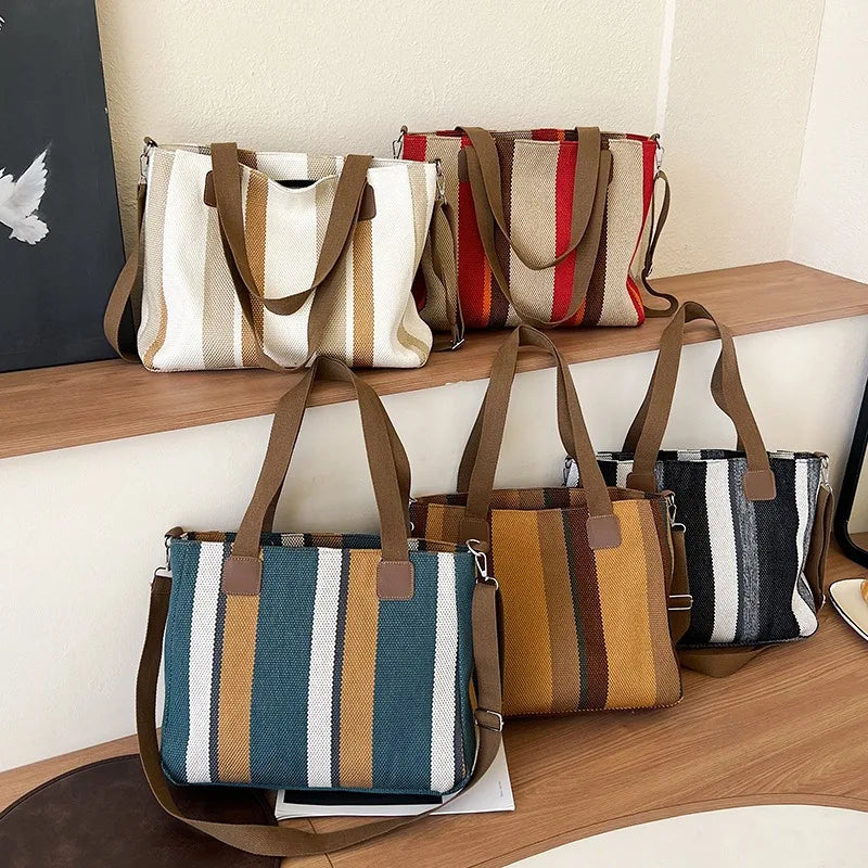 Women's Striped Canvas Crossbody Shoulder Bag - Large Tote 2023
