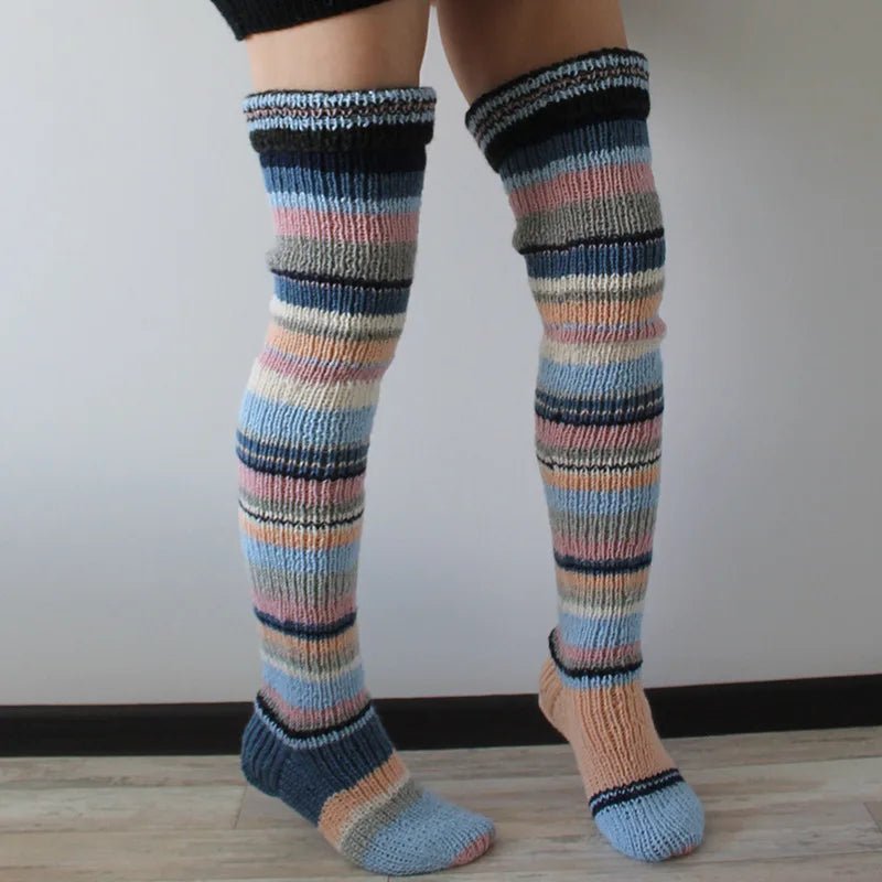 Women's Wool Knee Socks & Leg Warmers - Y2K Striped Knitted Stacked Socks - lily supply
