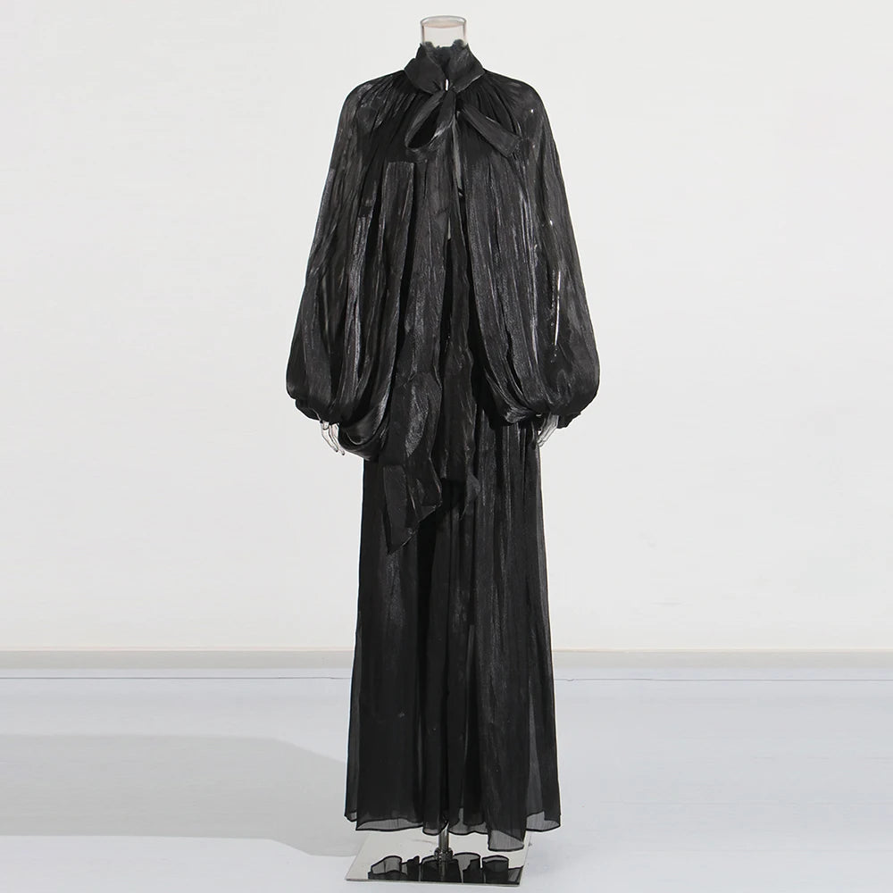 Women's Stand Collar Lace-Up Long Sleeve Dress