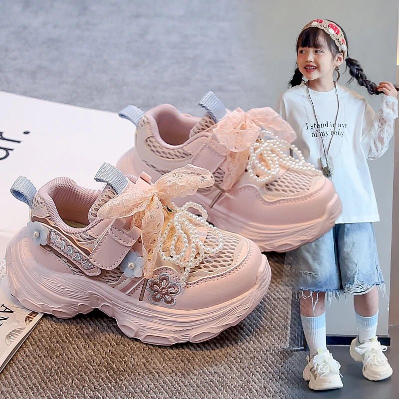 Girls Princess Sneakers Sweet Lace Beading Bows Children Sports Shoes Mesh Breathable 2025 Autumn New Kids Running Shoes Soft - lily supply