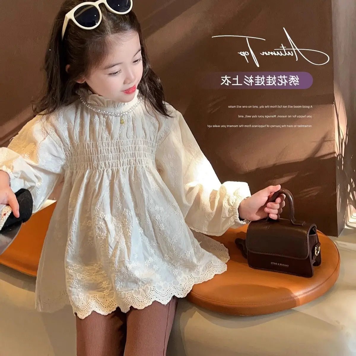 Girls shirt stand - up collar embroidered dark flower pleated top coat 2025 autumn clothes new children's clothing 3 - 8 years old - lily supply