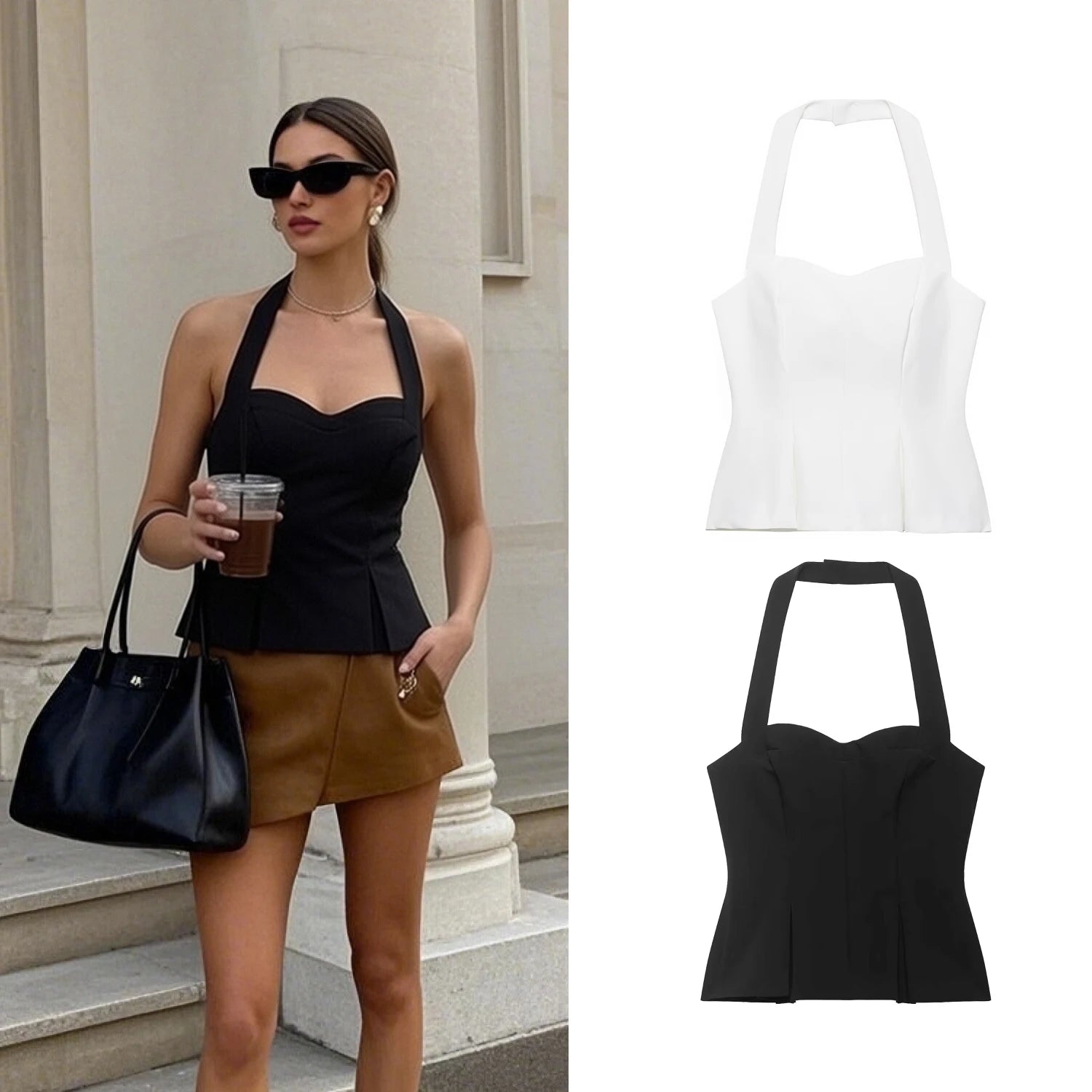 Women Black Sexy High Street Halter Tops Summer New Female Trendy Vacation Slim Backless Camisoles Lady Casual Chic Vest Tops