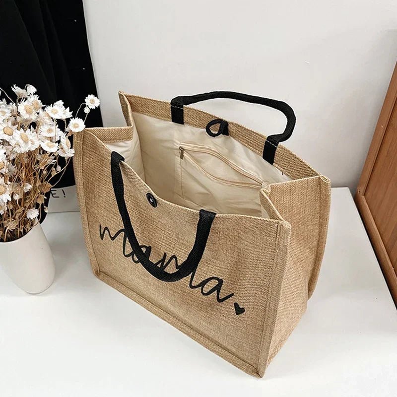 Mama Letter Print Linen Tote Bag - Large Capacity Baby Diaper Shoulder Bag - lily supply