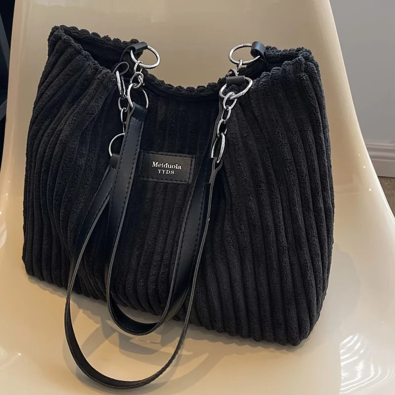 Women's Corduroy Plush Tote Bag - Large Capacity Commuter Travel Shoulder Bag