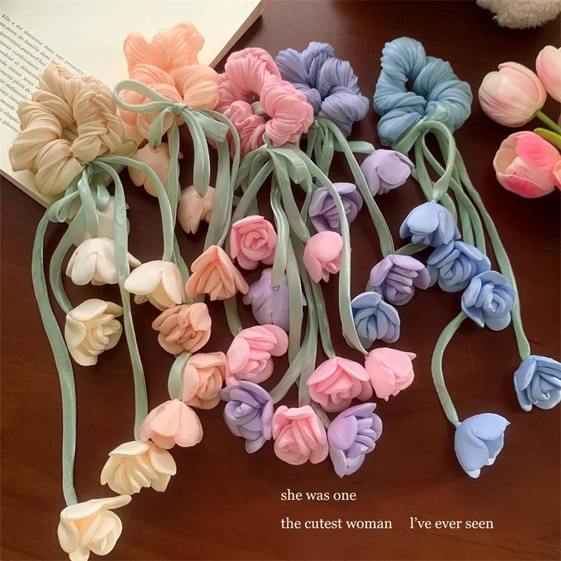 Lily of the Valley & Tulips Floral Scrunchie - Dangling Ribbon Hair Tie - lily supply