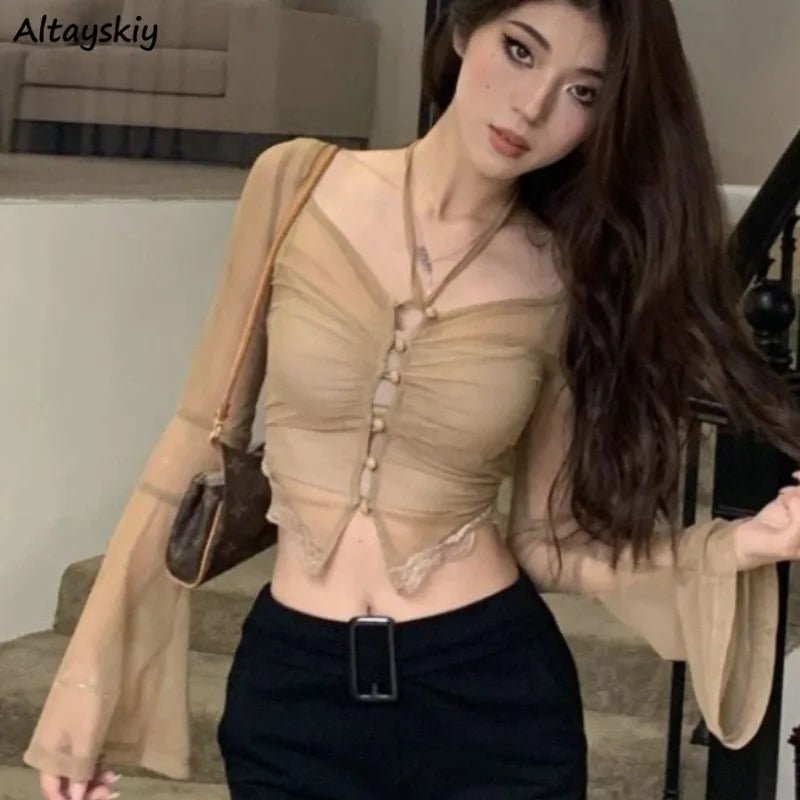 Sheer T-shirts for Women Hot Girls Summer Clothing All - match Solid High Street Sexy Chic Long Sleeve Thin Young Skinny Casual - lily supply