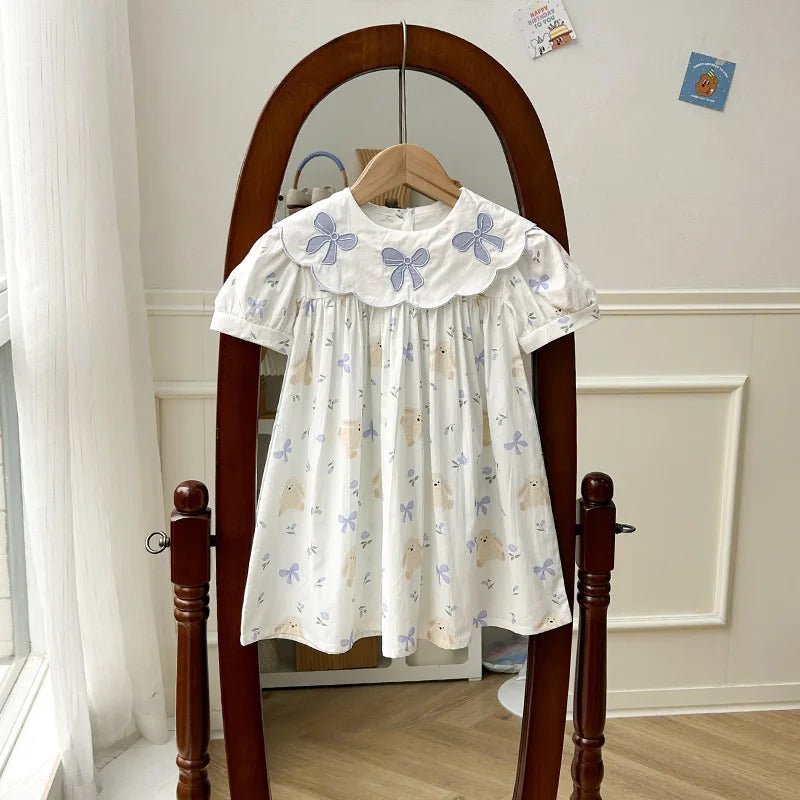 Girls Bow Embroidered Princess Dress | Cartoon Print Short Sleeve Summer Dress 1 - 8Y - lily supply