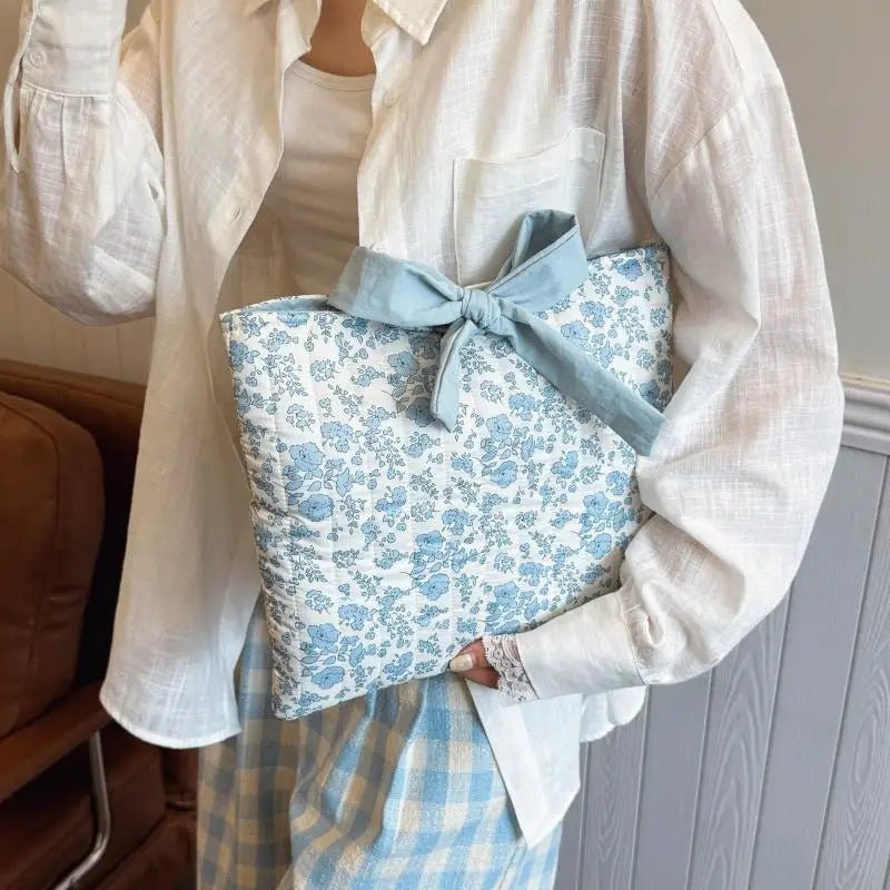 Blue Floral Bow Cotton Linen Tote Bag - Lightweight Daily & Beach Shoulder Bag - lily supply